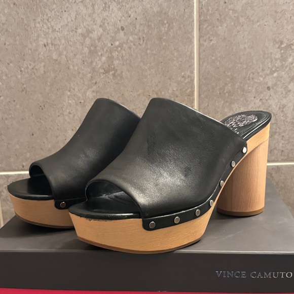 Vince Camuto Shoes - Vince Camuto Black Leather Wooden Heel Mules